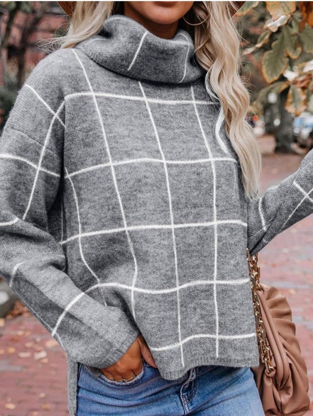 Calvin Klein Wome's Taupe Gray  Windowpane Cowl Neck Sweater Size L # Corporate.